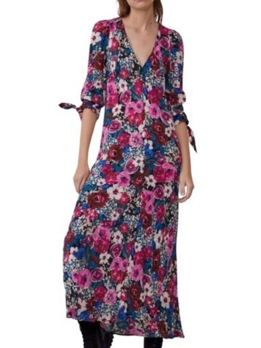 ZARA Floral V-Neck Long Sleeve Maxi Dress in Pink and Blue XS